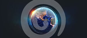 Earth view from space. Global network. Blockchain technology. Planet and communication