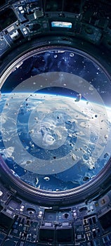 Earth view from a space station cargo bay where floating objects dance in the serene zero gravity environment