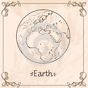 Earth. Vintage stylized outline drawing of the Earth. The symbols of astrology and astronomy