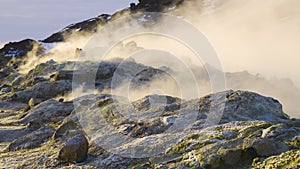 Earth, volcanic activity, Geothermal area , fumaroles volcanic boiling mud pots, Iceland.