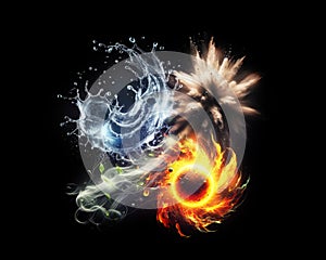 Earth, water, air, fire. Four elements of nature. 4 elements. Isolated black background. Glowing elements on a black background.