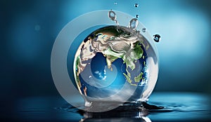 Earth in water drop. Global warming and world water day concept. Generative AI