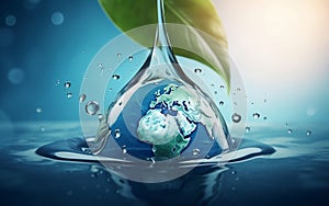 Earth in water drop with green leaf. Ecology concept. Generative AI