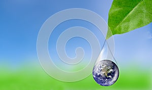 Earth in water drop reflection under green leaf.