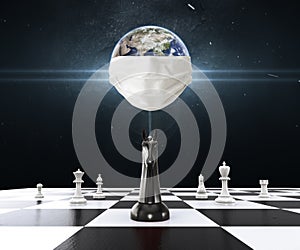 Earth wearing Mask protection with Chess on the chessboard. Chess business concept, leader & success.