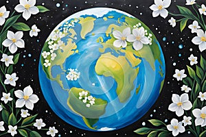 Earth with white flowers, against a starry universe, harmony between nature and our planet, perfect for world earth day