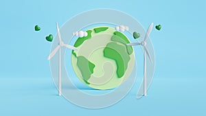 Earth, Wind turbine and Hearts on pastel color background.Minimal scene for mockup design. 3D rendering illustration