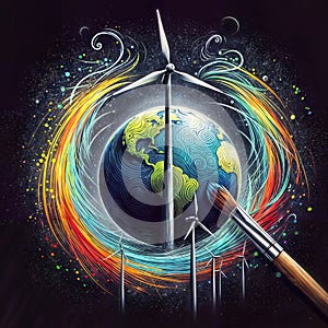 Earth with wind turbine and paintbrush. Eco energy concept., generative ai