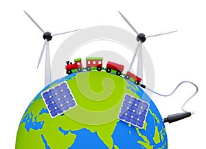 Earth with wind turbines, solar cells and a big toy train