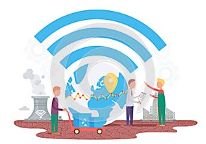 The Earth with wireless signal for internet connection and human activity influence on planet