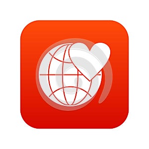 Earth world globe with heart icon digital red