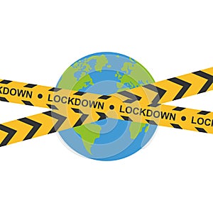 Earth with yellow caution tape. Coronavirus lockdown. Concept of world lockdown due to coronavirus. Vector