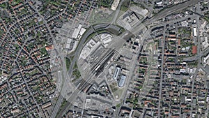 Earth zoom in from space to Bielefeld, Germany in Hauptbahnhof