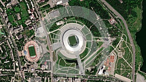 Earth zoom in from space to Donetsk, Ukraine in Donbass Arena