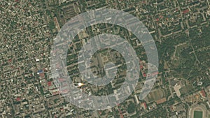 Earth zoom in from space to Kherson, Ukraine in Freedom Square