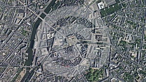 Earth zoom in from space to Le Mans, France in Place de la Republique