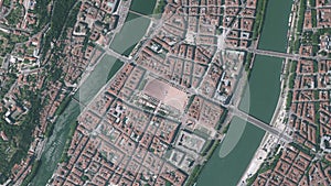 Earth zoom in from space to Lyon, France in Place Bellecour