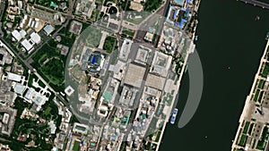 Earth zoom in from space to Pyongyang, North Korea in Kim Il Sung Square