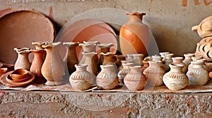 Earthen hand made pots in local market of India