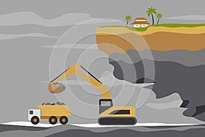 Earthmovers quarrying granite stones destroying the environmental equilibrium