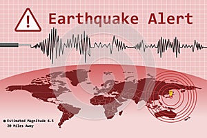 Earthquake alert concept with pulsation epicenter location mark and world map. Vector illustration photo