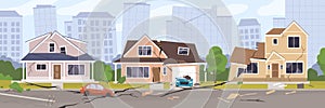 Earthquake city panorama vector illustration. Damaged house, cars and holes in ground. Destruction cityscape with cracks