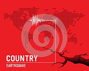 Earthquake concept with Frequency seismograph waves  , cracked and dot map world on red background vector design