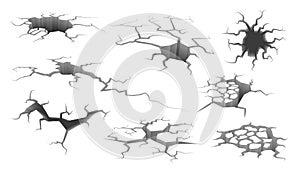 Earthquake crack. Ruined wall, hole in ground with cracking and earth destruction cracks isolated vector cartoon set