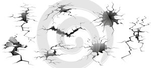 Earthquake crack. Ruined wall, hole in ground and destruction cracks isolated vector illustration set photo