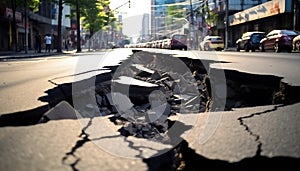 Earthquake cracked road in city