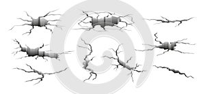 Earthquake cracks. Fractured earth, break cracked in cement. Destruction floor isolated set. Cartoon 3d crack, crash