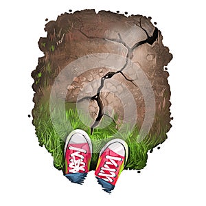 Earthquake digital art illustration of natural disaster. Man shoes stand on cracked soil, damaged road due to quake, seismic