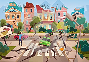 Earthquake Disaster with realistic ground crevices and small destroyed town houses vector illustration design. photo