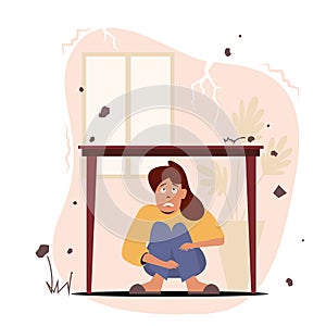 Earthquake illustration woman hiding under the table