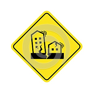 Earthquake Symbol concept with Houses and buildings crack and vibrate on yellow Warning banner Sign vector design