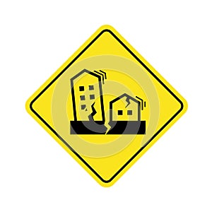 Earthquake Symbol concept with Houses and buildings crack and vibrate on yellow Warning banner Sign vector design photo