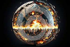 Earthquake taking earth crust inside it with fire. Nuclear explosion, global war. Destructions, dramatic apocalyptic scene,