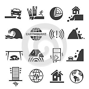 Earthquake tsunami disaster and destruction black icon set