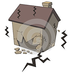 Earthquake vector illustration. Damaged house in ground. Destruction with cracks and damages on buildings.