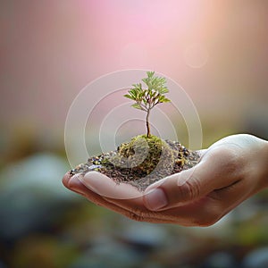 Earths caretaker Hand cradles a tree on a nature backdrop