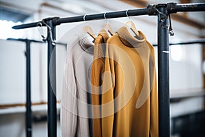 earthtoned rollneck sweaters on an industrial metal rack