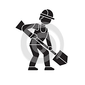 Earthworks, builder with showel black vector concept icon. Earthworks, builder with showel flat illustration, sign