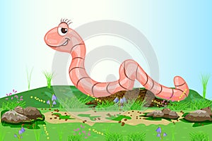 Earthworm in meadow. Cute cartoon caterpillar character in summer field with flowers. Spring garden lawn and funny screw on sky