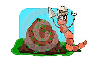 Earthworm with a shovel and fork. Cartoon earthworm with smiling. Worm near pile compost isolated on white background