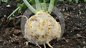 The earthy aroma of a freshly unearthed celeriac bulb its rough by surface covered in patches of brown soil photo