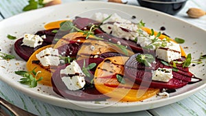 Earthy beets mingling with sharp goat cheese offering a colorful plate that balances sweetness with creamy rich photo