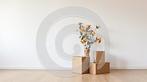 Earthy Color Palette: Minimalist Staging With Cardboard Boxes And Flowers