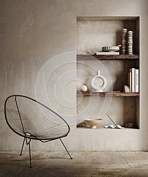 Earthy nomadic living room interior