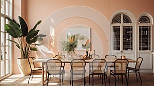 Earthy Palette Dining Room With Pink Walls And Botanical Abundance
