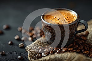 an eary cup of coffee surrounded by coffee beans and beans, in the style of mist, rustic texture, rustic simplicity